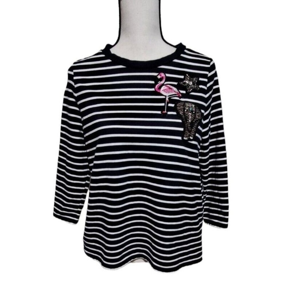Crown & Ivy Blue White Stripe 3/4 Sleeve Elephant Flamingo Knit Top Size Large P